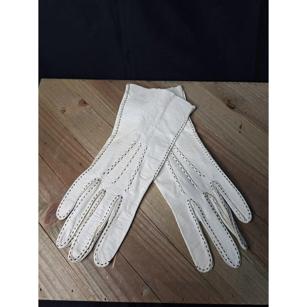 Vintage Tailored Gloves Gloversville NY White Leather Black Whipstitch Size 7